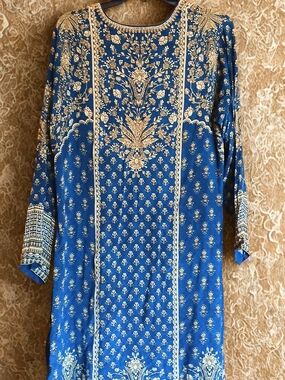 Indian Formal Silk Blue and Gold Kurta Dress with Pants - 2 Piece Outfit